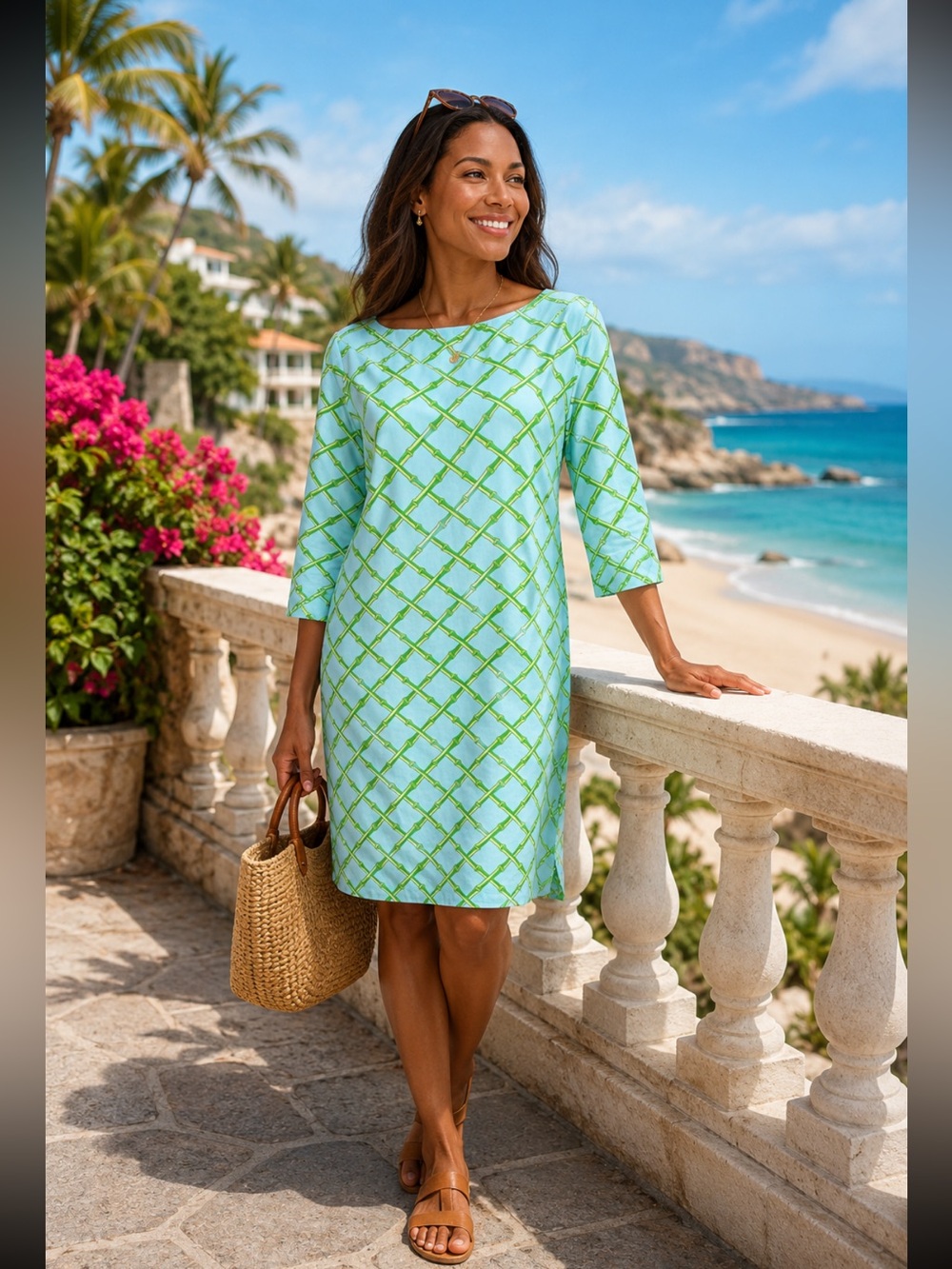 Sailor-Sailor Turquoise Green Bamboo Print UPF 50+ Yacht Club Shift Dress NWT M